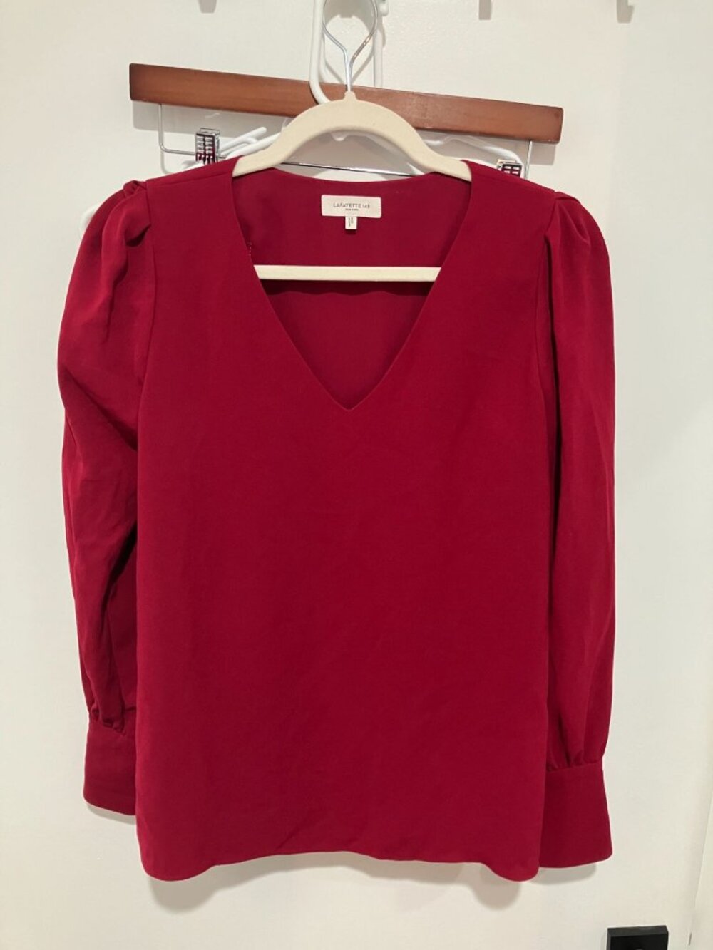Lafayette 148 Lenore Blouse V-Neck Long Sleeve Red Burgundy Small Minimalist